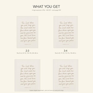 What you get: 4 high-resolution portrait JPG ratios of the Numbers 6:24-26 hand-lettered priestly blessing print — 2:3, 3:4, 4:5, and 11:14 — fitting standard frames from 4x6 to 24x36 inches. 300 DPI plus multi-page PDF, instant digital download for Christian wedding scripture wall art.