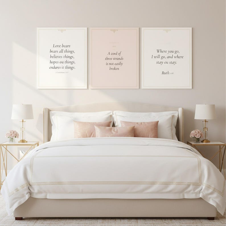 Where You Go I Will Go Ruth 1:16 Wall Art Christian Wedding Print Scripture Deco — room setting mockup in cozy living space with complementary decor. This wedding christian scripture wall art print features beautiful serif typography on warm cream background. Ruth 1:16 bible verse digital download printable for home office bedroom living room gallery wall decor. Perfect christian gift idea from...