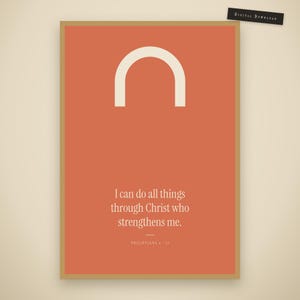 Philippians 4:13 I can do all things through Christ who strengthens me trendy christian wall art in gold frame. Coral red modern maximalist bible verse print with cream arch shape, bold retro christian art, part of 9-print set of colorful scripture g