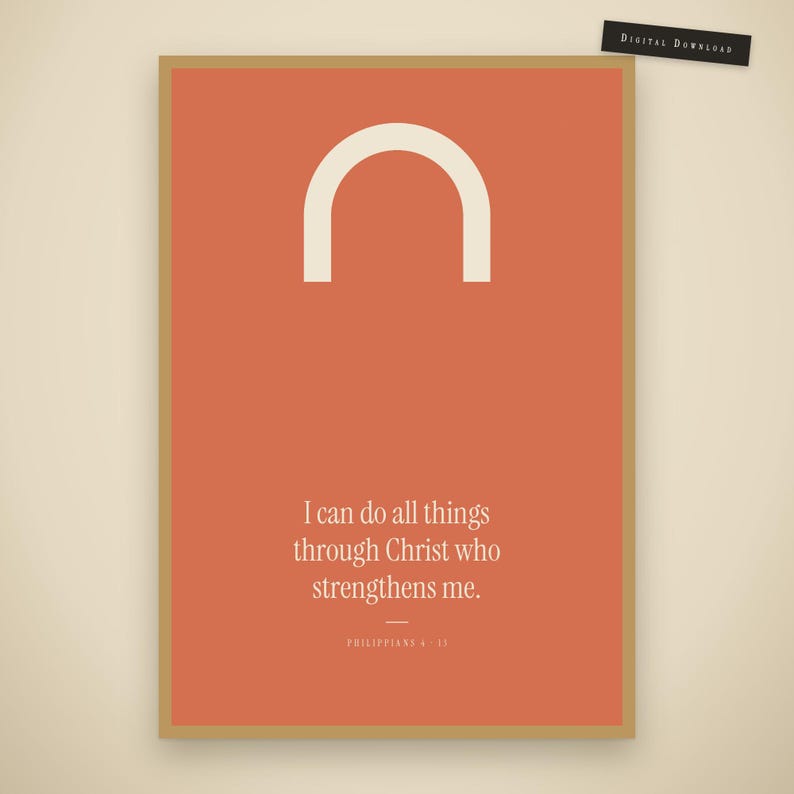 Philippians 4:13 I can do all things through Christ who strengthens me trendy christian wall art in gold frame. Coral red modern maximalist bible verse print with cream arch shape, bold retro christian art, part of 9-print set of colorful scripture g