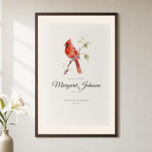 Hero framed view of a personalized Christian memorial print with a detailed red cardinal resting near delicate branches. In Loving Memory appears above the custom name Margaret Johnson and the dates 1948 to 2026, followed by Psalm 34:18 and The Lord is close to the brokenhearted. Clear glass and a natural frame reveal the gentle paper texture and readable tribute.