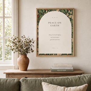 Peace on Earth Scripture Print | Luke 2:14 Christmas Wall Art | William Morris Botanical Nativity Printable image 1