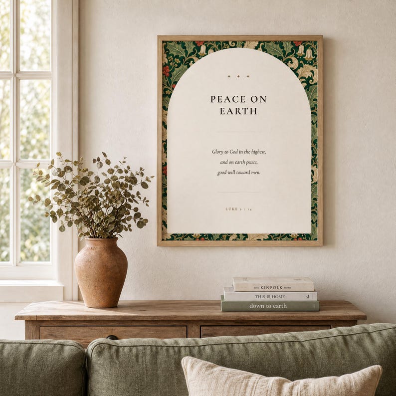 Peace on Earth Scripture Print | Luke 2:14 Christmas Wall Art | William Morris Botanical Nativity Printable image 1