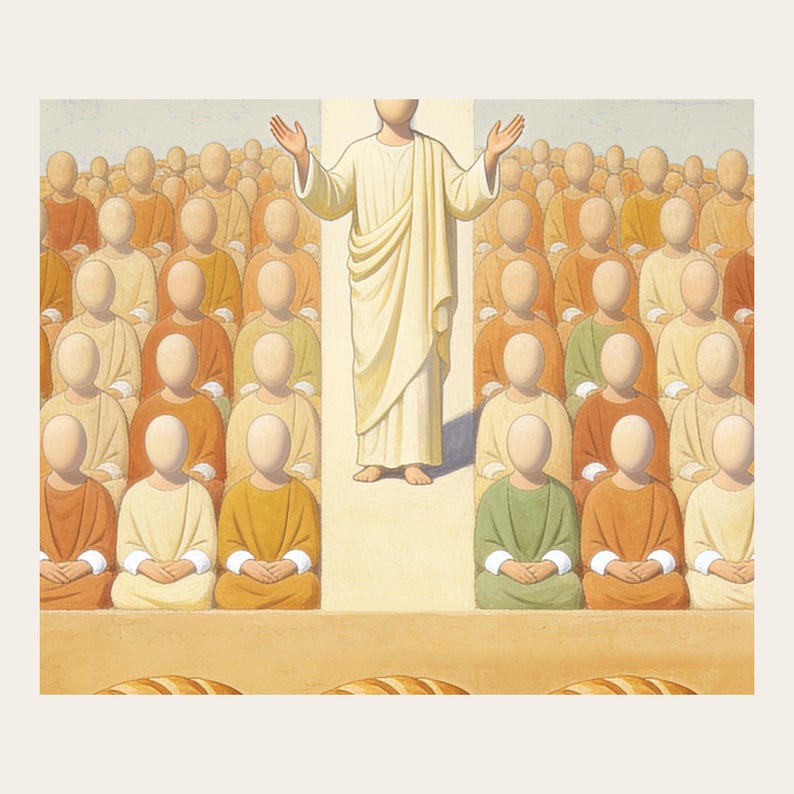 Close detail of The Feeding of the Five Thousand, showing Christ raised on the centre axis above a seated hillside crowd, with loaves and fish laid out along the foreground at close range. The crop reveals softly modelled faceless forms, muted pigment transitions, fine cracks, and paperlike texture in the modern fresco illustration. This view focuses on the artwork surface rather than frame or room styling.