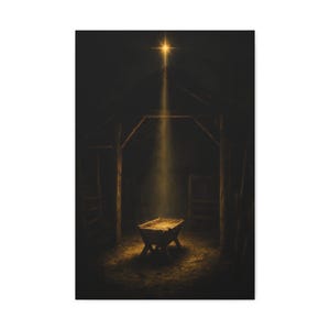 Dark vintage oil painting showing the Star of Bethlehem above an empty wooden manger within a rustic stable. Golden light reaches across timber, straw, and the humble crib to create a reverent nighttime mood. This Matthew 2:2 nativity wall art in deep brown and gold is printed on stretched canvas. The product view emphasizes the 1.25 inch stretcher depth and wrapped profile.