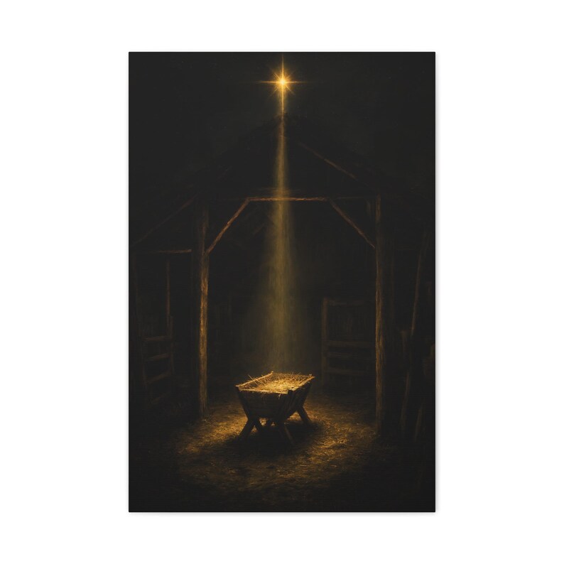 Dark vintage oil painting showing the Star of Bethlehem above an empty wooden manger within a rustic stable. Golden light reaches across timber, straw, and the humble crib to create a reverent nighttime mood. This Matthew 2:2 nativity wall art in deep brown and gold is printed on stretched canvas. The product view emphasizes the 1.25 inch stretcher depth and wrapped profile.