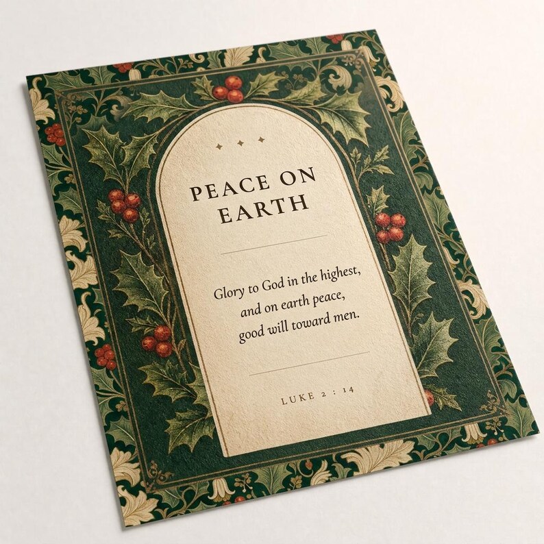 Peace on Earth Scripture Print | Luke 2:14 Christmas Wall Art | William Morris Botanical Nativity Printable image 5