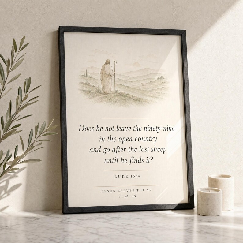 Jesus Leaves the 99 modern minimalist print in thin black wood frame on white Carrara marble surface, single olive branch cutting beside frame, two small unlit votive candles, glass reflection catching soft bright morning light, clean white backdrop, editorial botanical still life, parable lost sheep christian wall art digital download TheFramedVerse