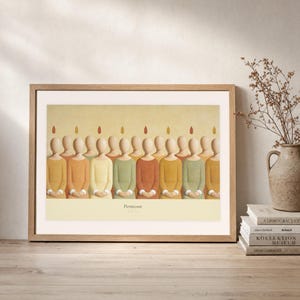 Leaning frame mockup of Pentecost on a rustic wood console beside stacked art books and a tall ceramic vessel with dried stems. The print shows a row of faceless apostles standing shoulder to shoulder, each with a small flame above the head. The oak frame, broad cream mat, plaster wall, and soft side light create a relaxed display while keeping the title and Acts 2:3 legible.