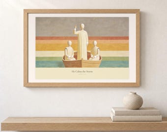 He Calms the Storm, Mark 4:39 Modern Christian Art and Jesus Miracle Bible Print