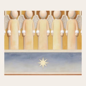 Close detail of The Shepherds and the Angels, showing a row of angels above shepherds and their sheep, with a star set between the two groups at close range. The crop reveals softly modelled faceless forms, muted pigment transitions, fine cracks, and paperlike texture in the modern fresco illustration. This view focuses on the artwork surface rather than frame or room styling.