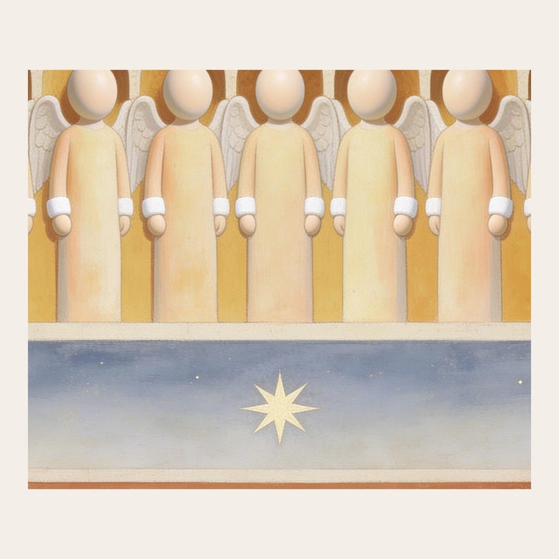 Close detail of The Shepherds and the Angels, showing a row of angels above shepherds and their sheep, with a star set between the two groups at close range. The crop reveals softly modelled faceless forms, muted pigment transitions, fine cracks, and paperlike texture in the modern fresco illustration. This view focuses on the artwork surface rather than frame or room styling.