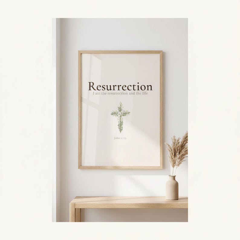 Christian Floral Cross Easter Art, Scripture Wall Decor, in beautiful floral cross composed of spring roses, greenery and wildflowers, showcased in an elegant contemporary home interior with curated decor elements, demonstrating how this Christian art piece elevates any living space