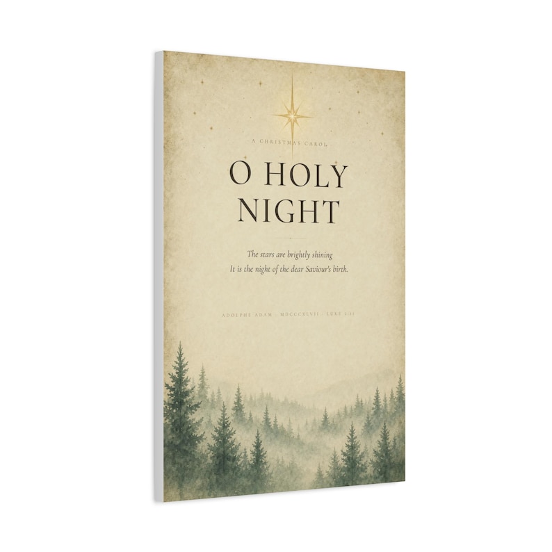 Vintage O Holy Night hymn sheet music canvas print with antique musical notation, carol lyrics and a thin gold ornamental border on warm cream paper, Adolphe Adam 1847 Christmas carol wall art on stretched matte canvas ready to hang, classic hymnal page aesthetic for Christian Christmas decor.