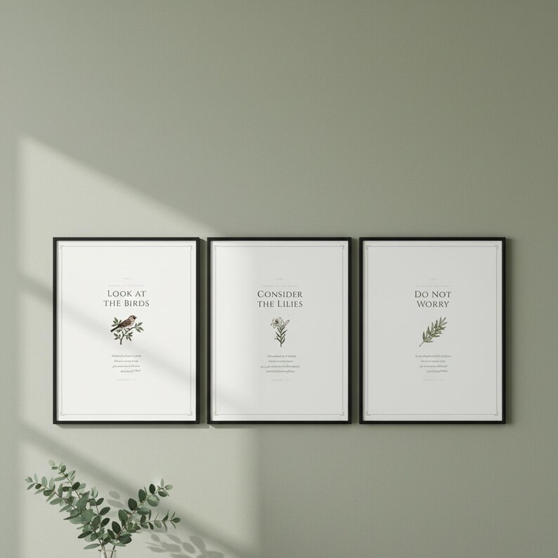 Matthew 6 Sermon on the Mount Wall Art Set of 3 scripture prints displayed as gallery wall arrangement in modern christian home, sage green aesthetic christian decor, look at the birds consider the lilies do not worry