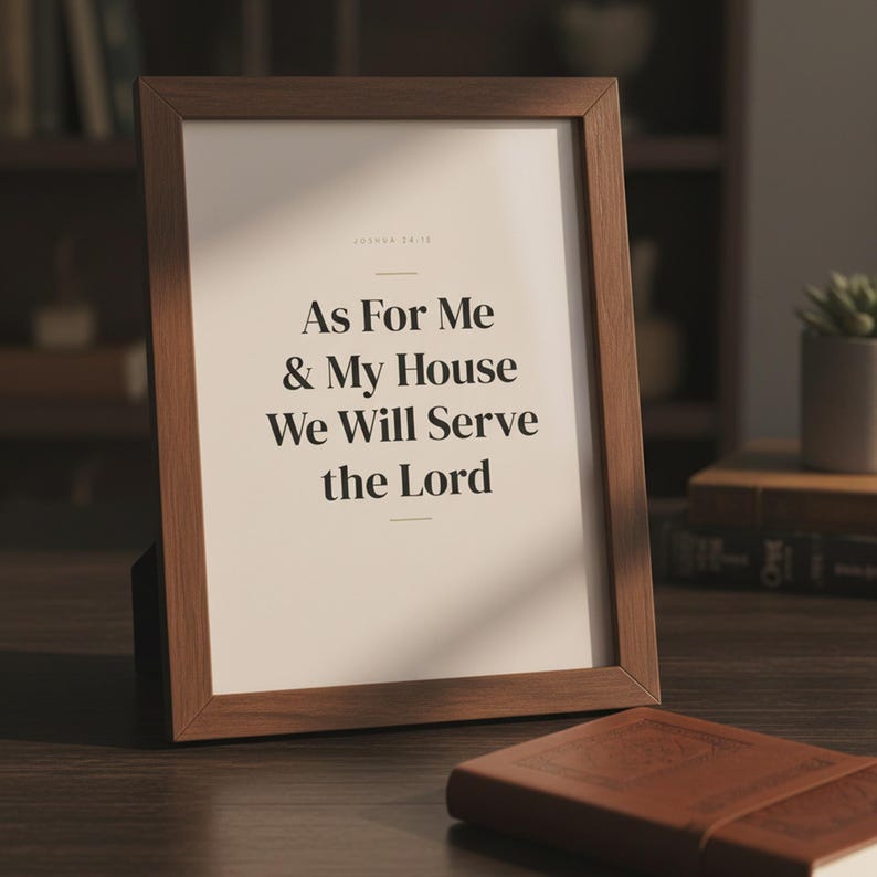 As For Me and My House We Will Serve the Lord Joshua 24:15 Wall Art Christian Fa — lifestyle mockup in modern room setting with elegant framed print on wall. This Fathers Day christian scripture wall art print features beautiful serif typography on warm cream background. Joshua 24:15 bible verse digital download printable for home office bedroom living room gallery wall decor. Perfect christian...