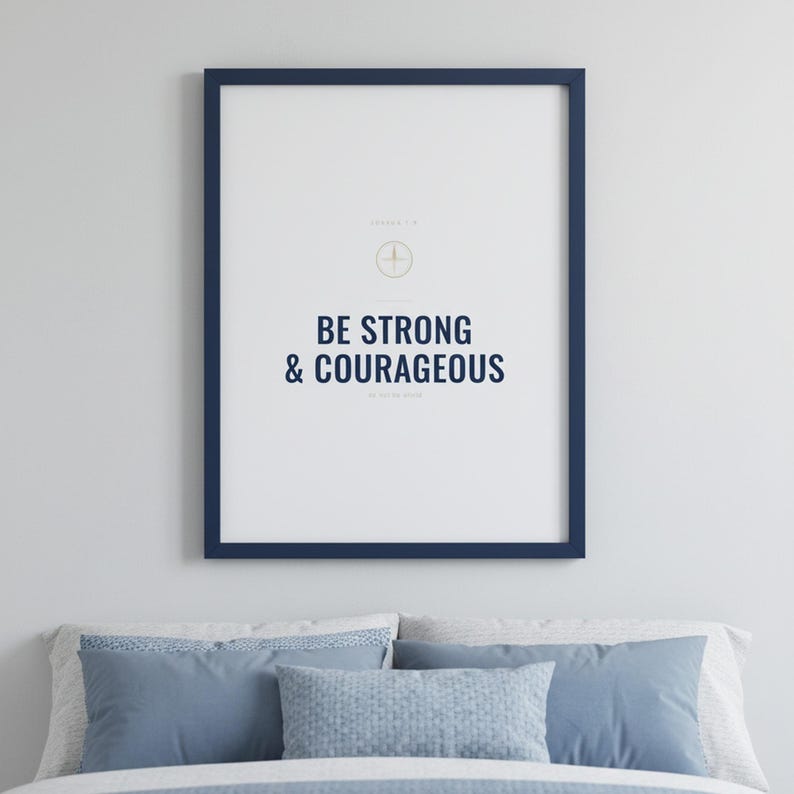 Christian Boys Room Wall Art Set of 6 Bible Verse Prints Navy Adventure Scriptur — close-up detail of typography and paper texture. This nursery, navy blue christian scripture wall art print features beautiful serif typography on warm cream background. digital download printable for home office bedroom living room gallery wall decor. Perfect christian gift idea from TheFramedVerse on Etsy.
