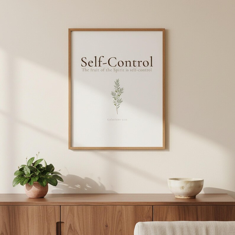 Fruit of the Spirit Self-Control Bible Verse Wall Art framed in modern hallway with shadows, Galatians 5:22 olive branch aesthetic christian floral scripture set of 9 christian wall art