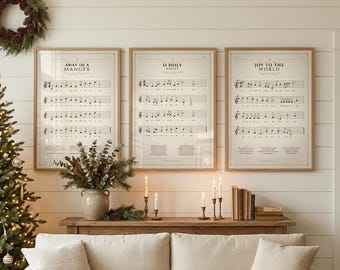 Christmas Hymns Gallery Wall Set of 3 | Away in a Manger, O Holy Night, Joy to the World — Vintage Christian Hymn Print