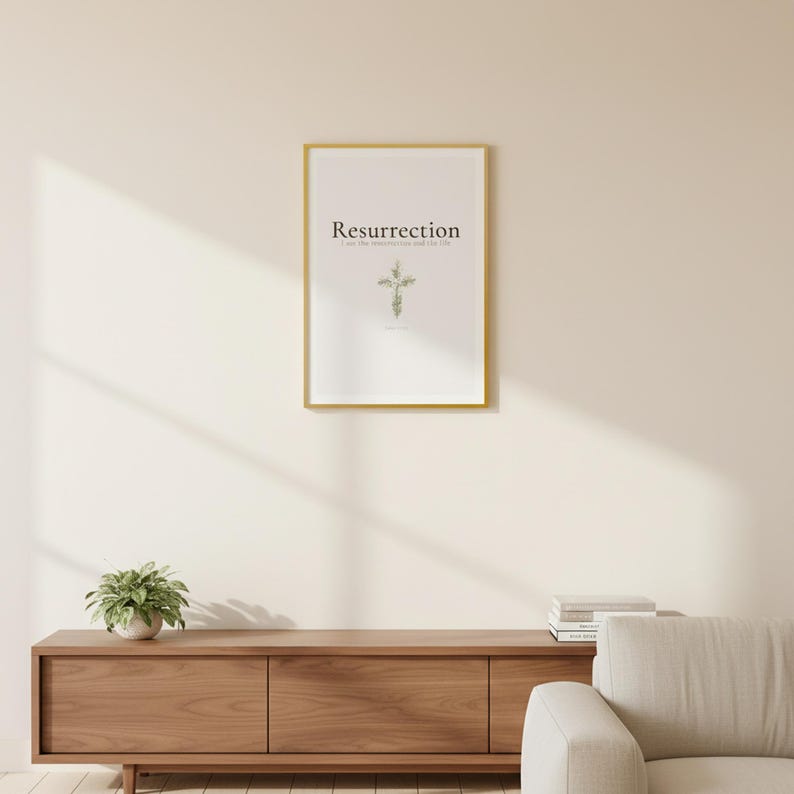 Resurrection Christian Scripture Art, Floral Cross Spring Decor, in beautiful floral cross composed of spring roses, greenery and wildflowers, displayed in a beautifully styled modern living room above a warm wooden sideboard with soft natural light creating gentle shadows on the frame, — a meaningful confirmation gift and beautiful Christian home decor