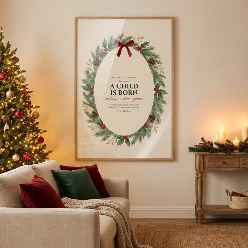 Isaiah 9:6 A Child Is Born nativity scripture print from the Christmas Story set, framed slim behind glass on a cozy living room wall above a cream sofa beside a glowing decorated Christmas tree and lit candles, warm festive evening light. Printable Christian Christmas wall art instant digital download by TheFramedVerse on Etsy.