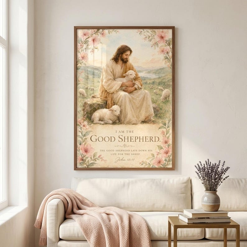 I Am The Good Shepherd John 10:11 watercolor wall art print displayed in walnut wood frame above a cream linen sofa in a sunlit Christian family living room with dried lavender, brass side table, and blush throw blanket. Perfect baptism gift, christian nursery decor, faith home wall art for the modern Christian home. Digital download instant access.