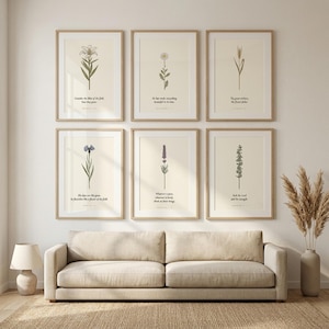 Wildflower Wall Art Set of 6, Consider the Lily Scripture Prints, Botanical Bible Verse Gallery, Cottagecore Digital Download