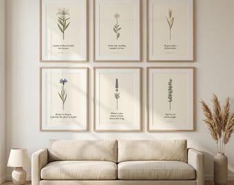 Wildflower Wall Art Set of 6, Consider the Lily Scripture Prints, Botanical Bible Verse Gallery, Cottagecore Digital Download