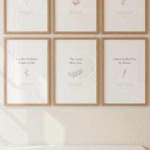 Nursery Bible Verse Wall Art Set of 6 Printable Christian Scripture Prints, in gentle sage green nursery design with soft botanical watercolor illustration and calming earth tones, hanging in a serene sage green nursery above a rattan bassinet with a cozy white blanket, macrame wall hanging, and fresh eucalyptus — creating a peaceful and faith-filled space for baby