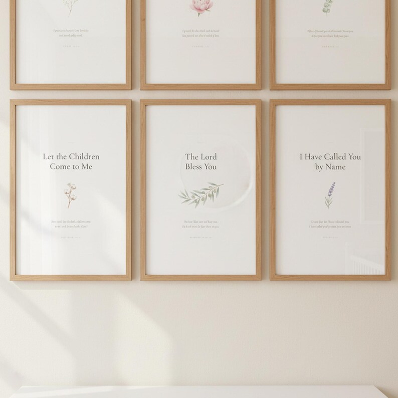 Nursery Bible Verse Wall Art Set of 6 Printable Christian Scripture Prints, in gentle sage green nursery design with soft botanical watercolor illustration and calming earth tones, hanging in a serene sage green nursery above a rattan bassinet with a cozy white blanket, macrame wall hanging, and fresh eucalyptus — creating a peaceful and faith-filled space for baby