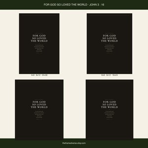 For God So Loved the World John 3:16 dark academia scripture print cream text on charcoal background bold minimalist christian wall art baptism confirmation gift, digital download all four print sizes 2x3 3x4 4x5 11x14 inch instant download what you get, digital download printable wall art instant download