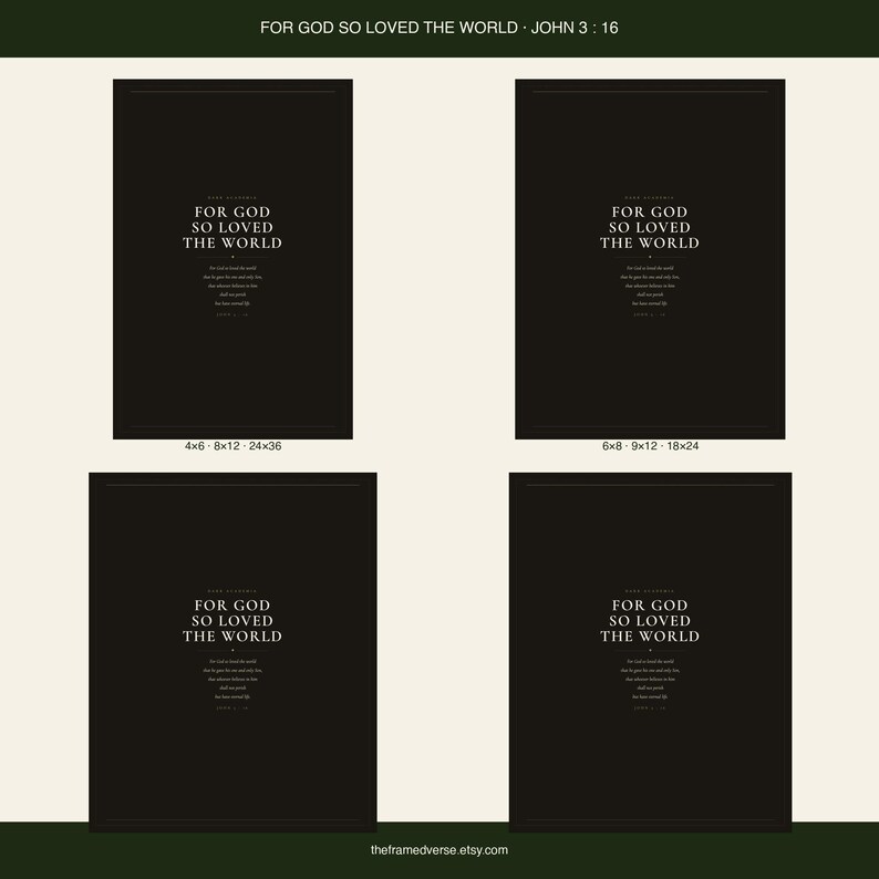 For God So Loved the World John 3:16 dark academia scripture print cream text on charcoal background bold minimalist christian wall art baptism confirmation gift, digital download all four print sizes 2x3 3x4 4x5 11x14 inch instant download what you get, digital download printable wall art instant download