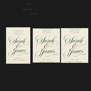 What you get overview showing the design and its four high resolution printable ratios for flexible frame sizes. The One Flesh artwork features Genesis 2:24 with custom names and a wedding date in elegant forest green script on warm beige. This Genesis 2:24 personalized wedding gift suits an anniversary, bridal shower, newlywed bedroom, or meaningful Christian home display.