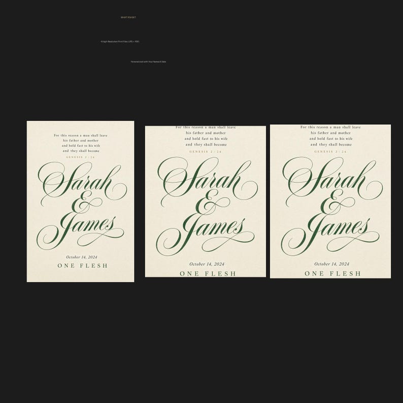 What you get overview showing the design and its four high resolution printable ratios for flexible frame sizes. The One Flesh artwork features Genesis 2:24 with custom names and a wedding date in elegant forest green script on warm beige. This Genesis 2:24 personalized wedding gift suits an anniversary, bridal shower, newlywed bedroom, or meaningful Christian home display.