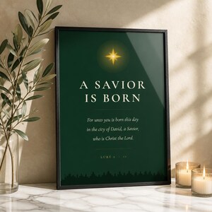 A Savior Is Born Scripture Print | Luke 2:11 Christmas Wall Art | Dark Green Minimalist Nativity Printable image 9