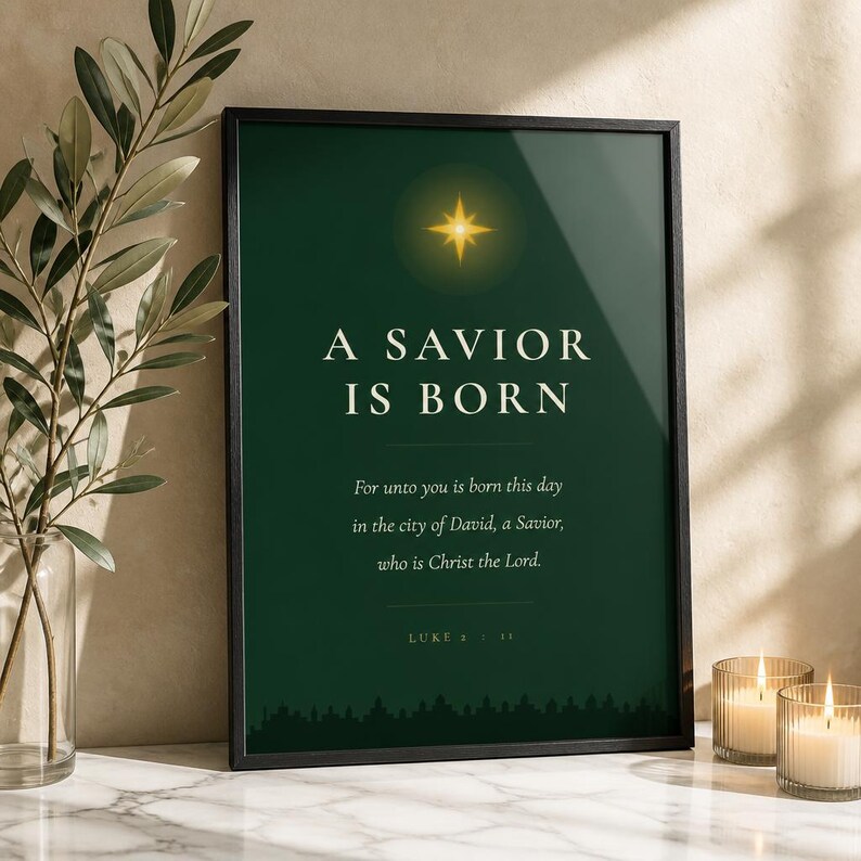 A Savior Is Born Scripture Print | Luke 2:11 Christmas Wall Art | Dark Green Minimalist Nativity Printable image 9