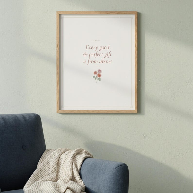 Every Good and Perfect Gift James 1 17 Wall Art Coquette Christian Print Blush B — front facing framed mockup on clean white wall with shadow. This coquette bow, botanical, pink blush christian scripture wall art print features beautiful serif typography on warm cream background. James 1 17 bible verse digital download printable for home office bedroom living room gallery wall decor. Perfect ch...