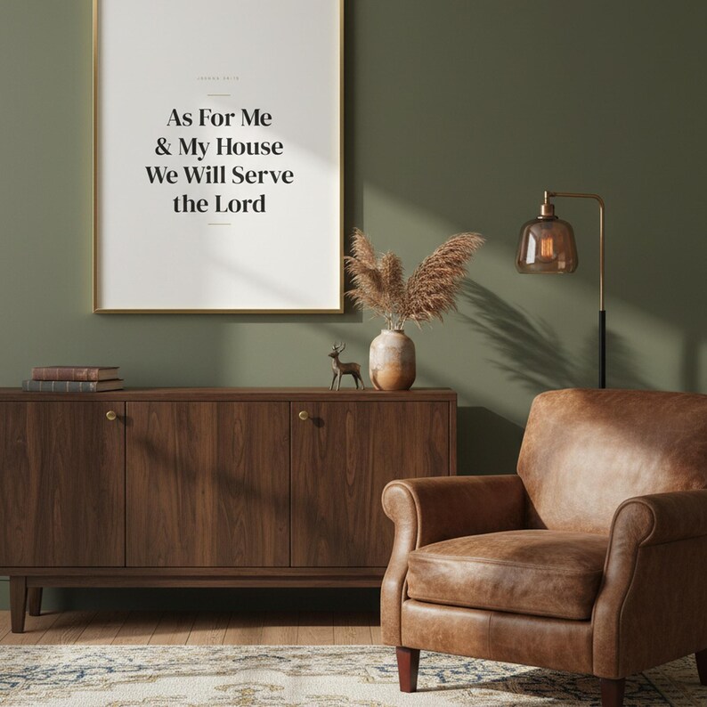 As For Me and My House We Will Serve the Lord Joshua 24:15 Wall Art Christian Fa — close-up detail of typography and paper texture. This Fathers Day christian scripture wall art print features beautiful serif typography on warm cream background. Joshua 24:15 bible verse digital download printable for home office bedroom living room gallery wall decor. Perfect christian gift idea from TheFramedV...