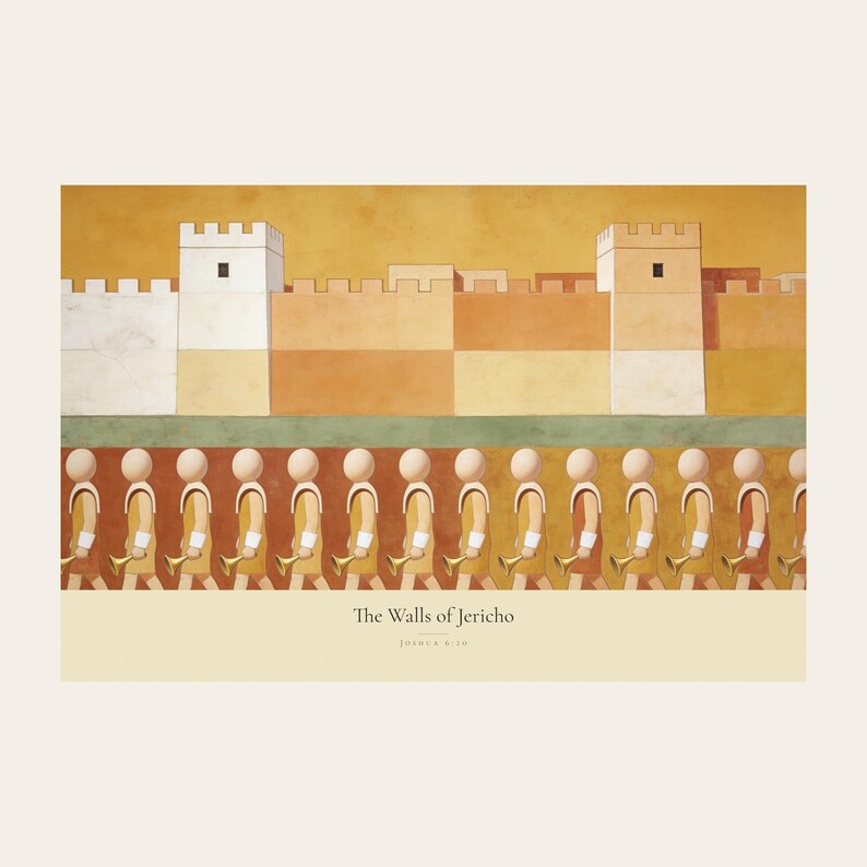 Clean front view of the unframed The Walls of Jericho digital print on a light neutral background. The full horizontal composition shows a fortified ochre city above a passing line of faceless horn bearers, followed by the title and Joshua 6:20 in serif type on a cream caption band. The complete borders, warm fresco texture, and restrained palette are visible without props or frame.