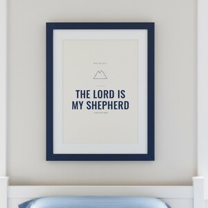 Christian Boys Room Wall Art Set of 6 Bible Verse Prints Navy Adventure Scriptur — shelf mockup leaning on wood shelf with decorative items. This nursery, navy blue christian scripture wall art print features beautiful serif typography on warm cream background. digital download printable for home office bedroom living room gallery wall decor. Perfect christian gift idea from TheFramedVerse on E...