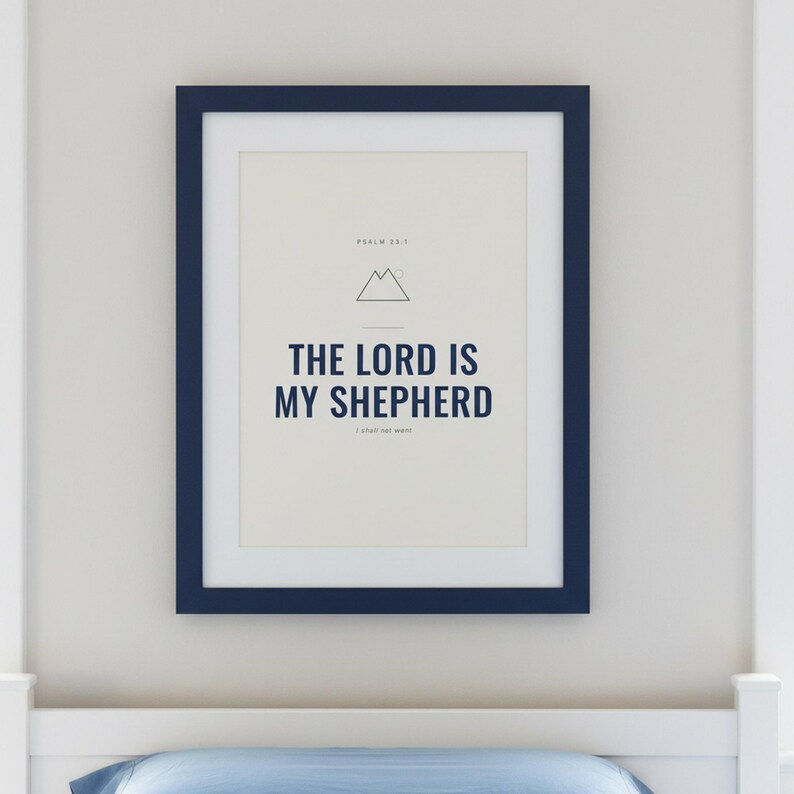Christian Boys Room Wall Art Set of 6 Bible Verse Prints Navy Adventure Scriptur — shelf mockup leaning on wood shelf with decorative items. This nursery, navy blue christian scripture wall art print features beautiful serif typography on warm cream background. digital download printable for home office bedroom living room gallery wall decor. Perfect christian gift idea from TheFramedVerse on E...