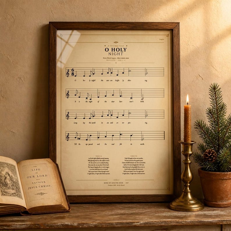 O Holy Night vintage hymnal print in a rustic walnut frame leaning on an antique console, an open vintage hymnal book beside it, a brass candlestick with beeswax candle, a sprig of holly and a dried orange slice, warm golden light. Cottage Christmas faith home decor, single classical carol hymn print digital download TheFramedVerse.