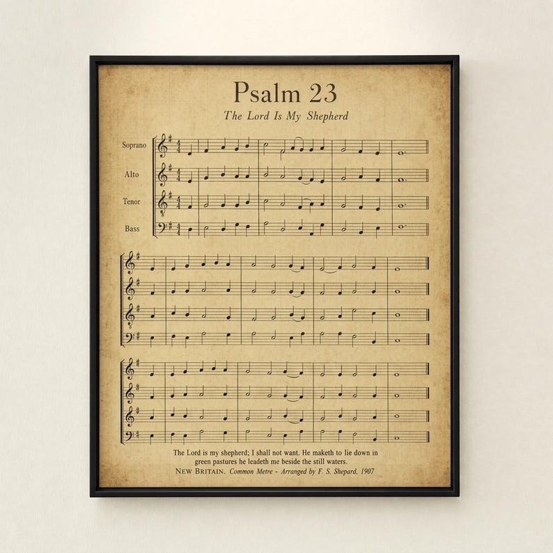 Psalm 23 psalm 23 print in thin black metal frame, frontal on clean off-white textured wall, modern minimalist styling, soft top light with gentle shadow, e-commerce hero photograph, psalms 23 instant digital download from TheFramedVerse on Etsy, Vintage Antique scripture art Digital download from TheFramedVerse on Etsy, instant scripture art.