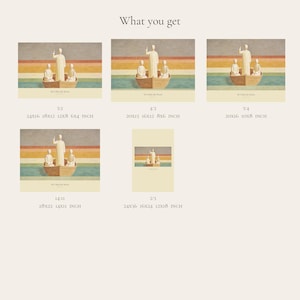 What you get overview for He Calms the Storm and Mark 4:39. The digital purchase includes high-resolution JPEG artwork in 3:2, 4:3, 5:4, 14:11, and 2:3 portrait formats, plus a PDF size guide. The layout previews the horizontal and portrait options so buyers can match the correct file to a chosen frame.