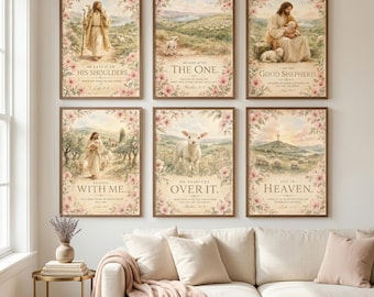 Good Shepherd Watercolor Set of 6, Jesus and Lost Sheep Bible Verse Prints, Christian Wall Art, Digital Download Scripture Art