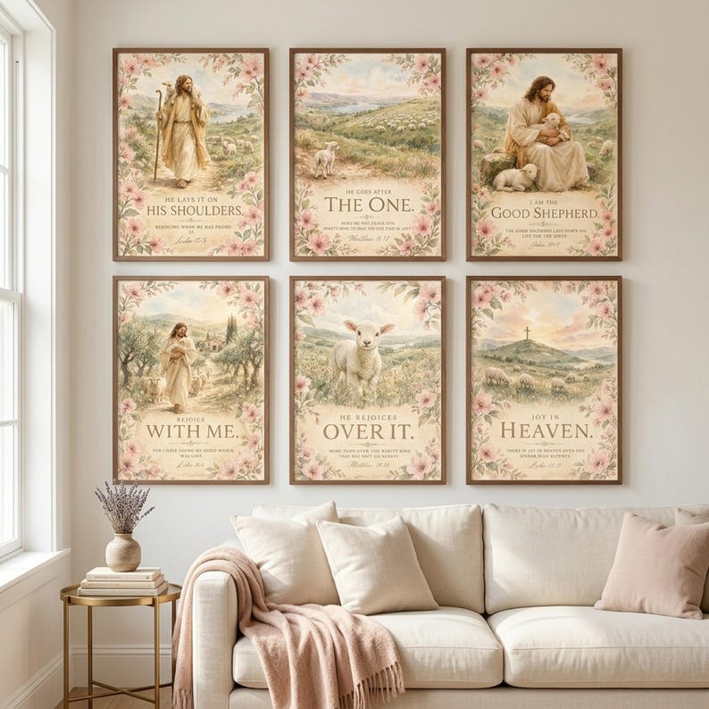 Good Shepherd Watercolor Set of 6 christian wall art bible verse prints displayed as gallery wall in sunlit Christian family living room with cream linen sofa, walnut wood frames, dried lavender, and brass accents. Jesus and lost sheep parable — Luke 15 and Matthew 18 scripture set for faith home decor, baptism gift, christian housewarming. Digital download instant access.