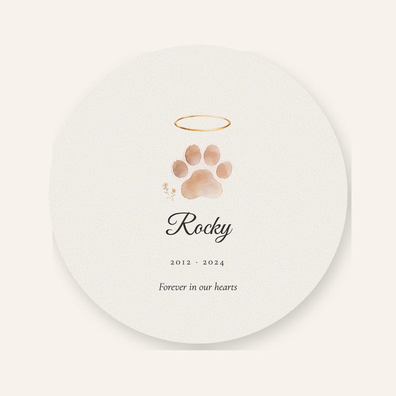 Clean front artwork view of the round acrylic pet memorial ornament without hands, tree branches or decorative props. The Paw with Halo motif is rendered in a soft watercolor style above the personalized name Rocky and the years 2012 to 2024. A plain light background shows the complete front composition, circular shape, ribbon hole and print detail clearly.