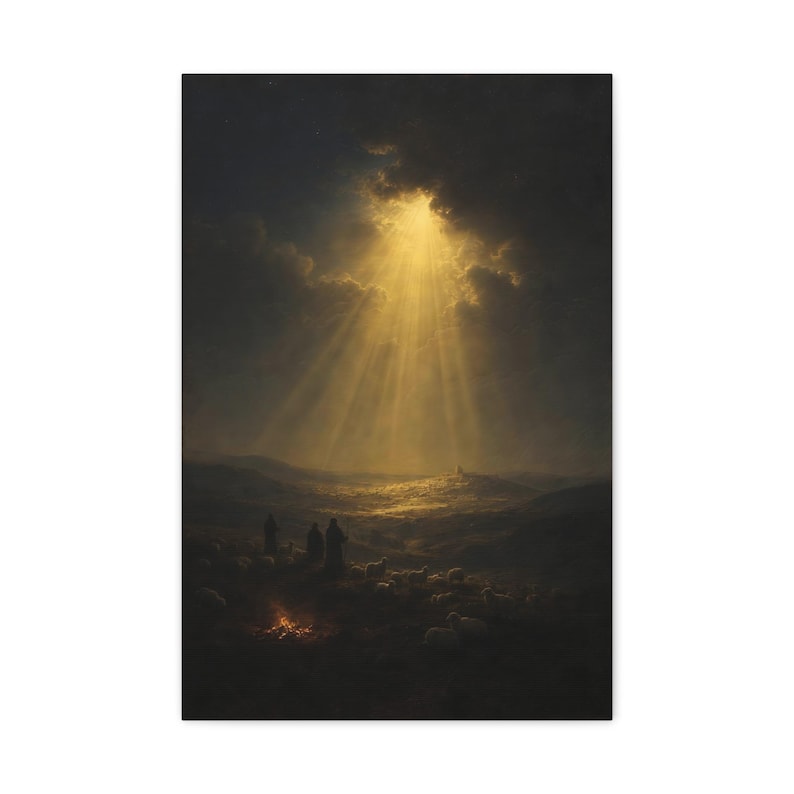 Dark vintage oil painting on canvas showing shepherds and their flock gathered beside a glowing campfire at night. Heavenly beams of light break through dramatic clouds above distant Bethlehem, illuminating the hills and creating a peaceful, reverent Christmas scene. Luke 2:14 wall art in deep blue, brown, and gold tones, printed on stretched canvas for a warm seasonal display.