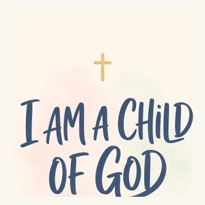 Close-up of hand-lettered modern script on Kids Christian affirmation wall art — dusty navy bold lettering with tiny gold cross icon on textured cream background. Shows clean minimalist composition perfect for modern baby nurseries, girls room decor, christian gift idea for new parents and baptism celebrations.