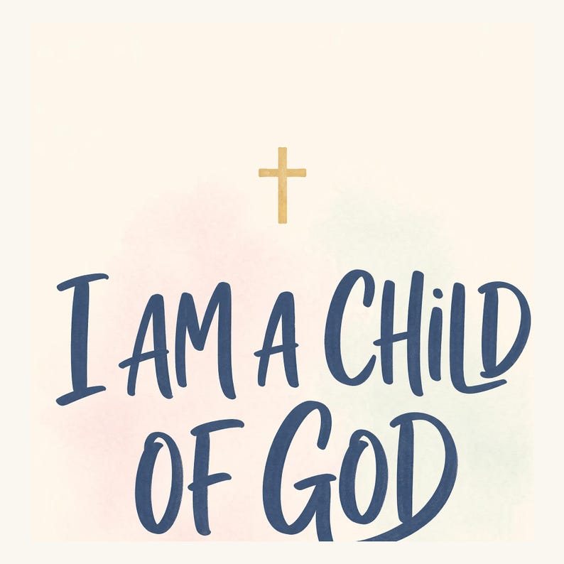 Close-up of hand-lettered modern script on Kids Christian affirmation wall art — dusty navy bold lettering with tiny gold cross icon on textured cream background. Shows clean minimalist composition perfect for modern baby nurseries, girls room decor, christian gift idea for new parents and baptism celebrations.